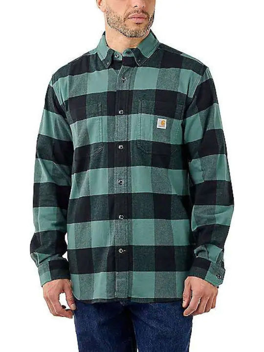 Long-sleeved Flannel Shirt in Wide Line Checked Green