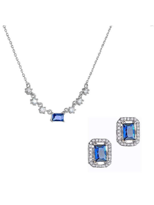 Sterling silver set consisting of necklace & earrings with blue baguette cut cubic zirconia stones & white round stones SET-22088W