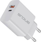 Ancus Ladegerät ohne Kabel mit USB-A Anschluss und USB-C Anschluss 30W Stromlieferung / Schnellaufladung 3.0 Weißs (C70D)