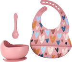 Queen Mother Feeding Set Καρδούλες made of Silicone with Non-Slip Base Pink 3pcs