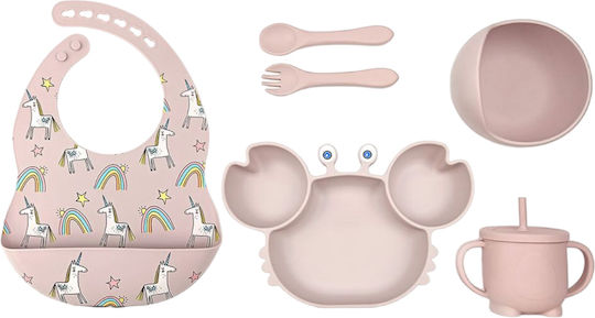 Queen Mother Feeding Set Unicorns and Rainbows - Καβουράκι made of Silicone with Non-Slip Base Pink 6pcs for 6+ months