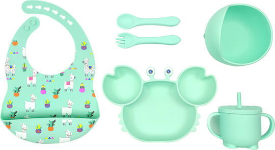 Queen Mother Crab Feeding Set Made of Silicone with Anti-Slip Base Green 6 Pieces for 6+ Months