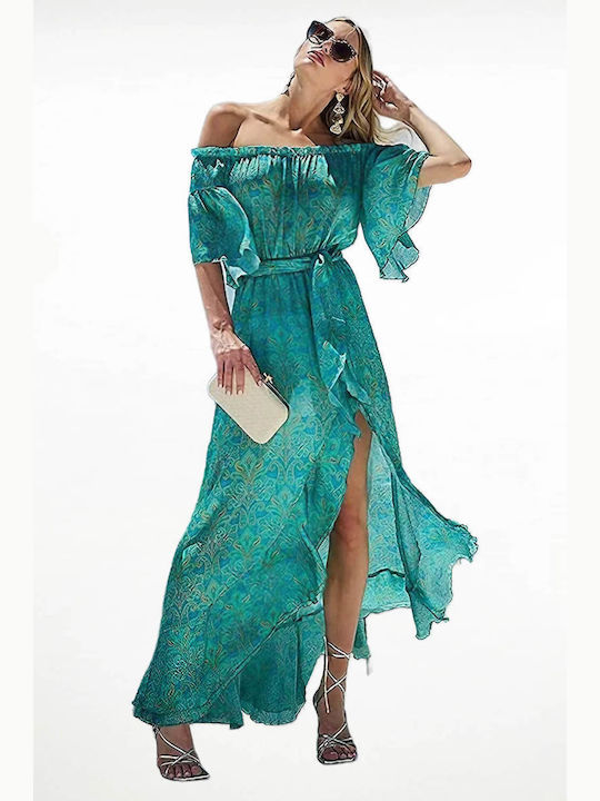 Lynne Summer Maxi Evening Dress with Slit Turquoise