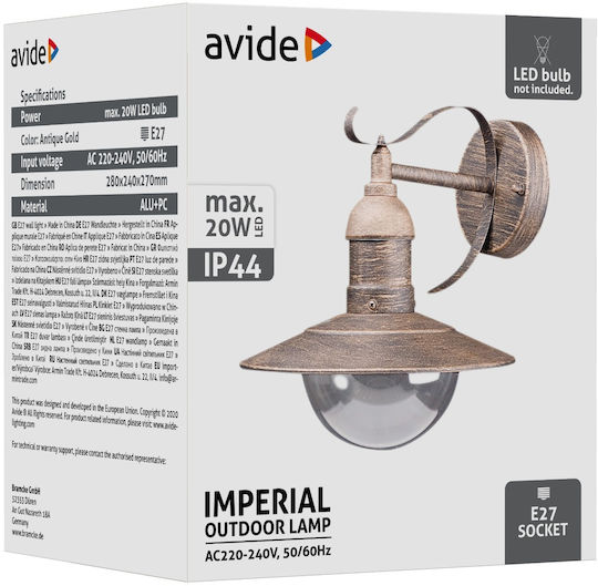 Avide Imperial 15.001.1586 AOLWE27-IMP-Gold Wall-Mounted Outdoor Lighting with Shade 20cm Avide Imperial 15.001.1586 AOLWE27-IMP-Gold Wall-Mounted Outdoor Lighting with Shade 20cm