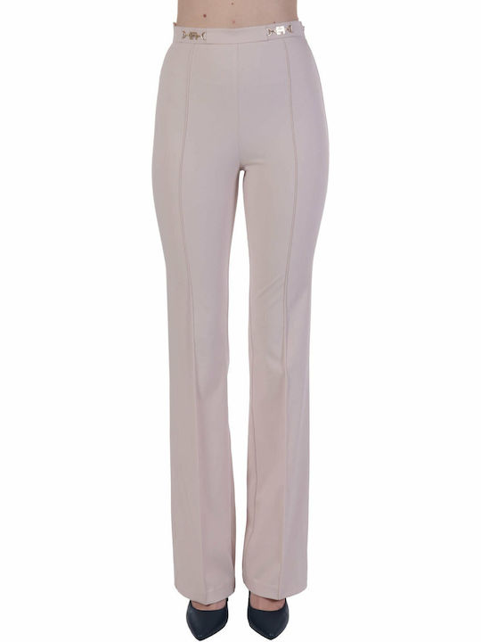 ELISABETTA FRANCHI HIGH WAIST BELL-BOTTOM TROUSERS BEIGE