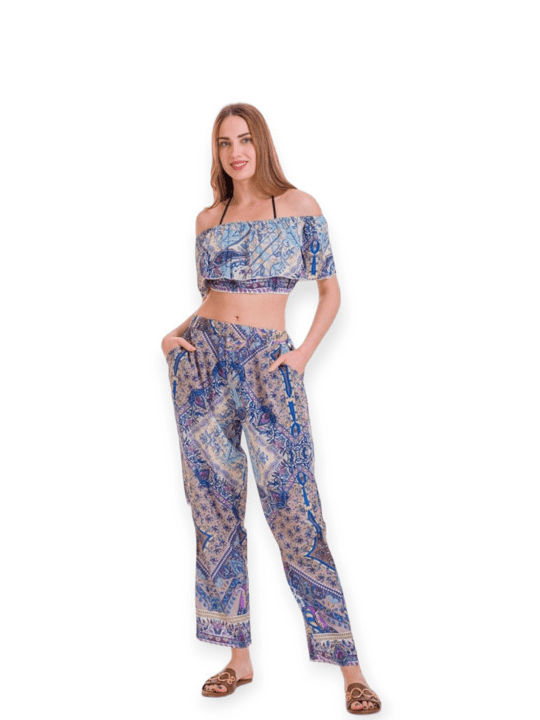 Pantaloni de vară cu elastic la spate art silk cu top 4329 albastru