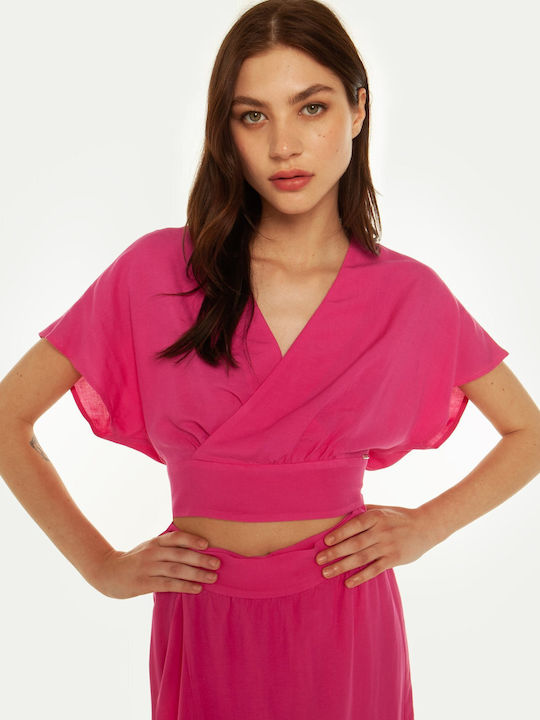 Toi&Moi Women's Summer Crop Top Linen Short Sleeve Fuchsia