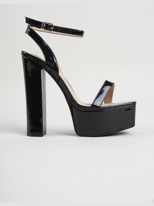 InShoes Platform Patent Leather Women's Sandals with Ankle Strap Black 639LP313