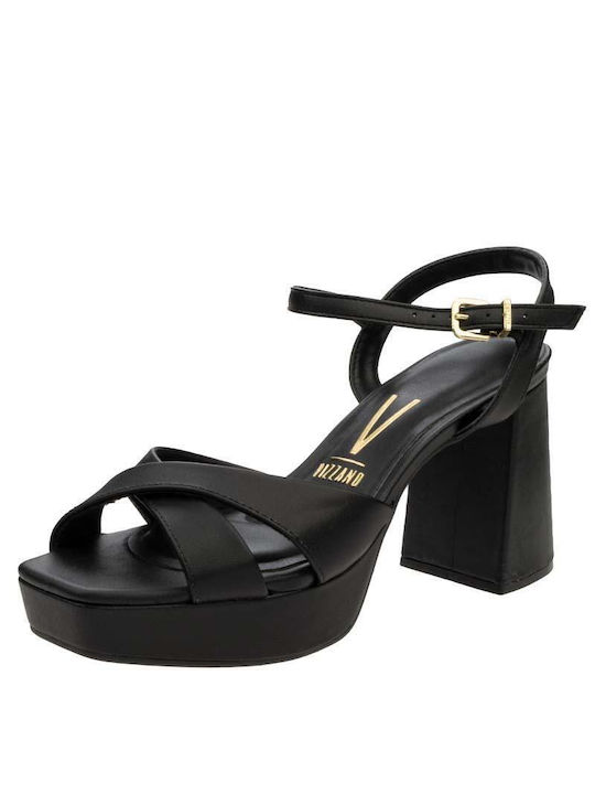 Vizzano Platform Synthetic Leather Women's Sandals with Ankle Strap Black with Chunky High Heel