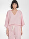 PCP Carrie Women's Summer Blouse Linen with 3/4 Sleeve & V Neck Pink