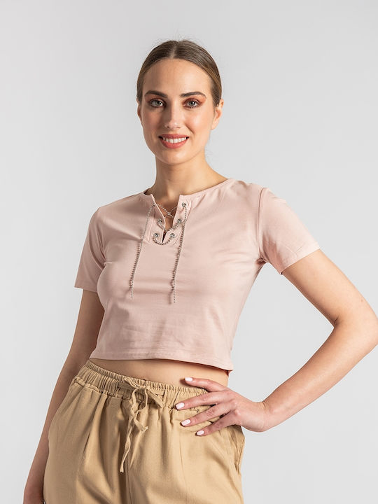 InShoes Women's Summer Crop Top Cotton Short Sleeve Pink