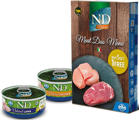 Farmina Meat Duo Menu Nassfutter für Erwachsene Katzen in Dose mit Lamm und Huhn ohne Getreide 6x70gr