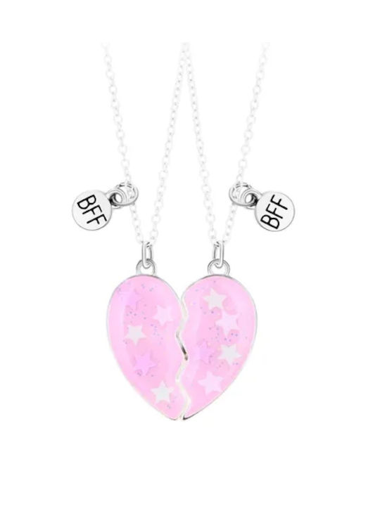 Handmade friendship necklace set 2 pieces silver metallic pink heart with stars Best Friends Forever (tatu moyo)