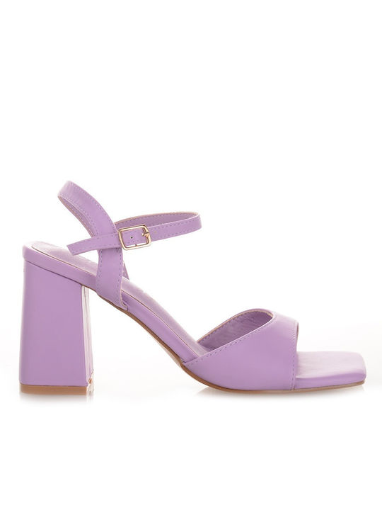 Famous Shoes Synthetic Leather Women's Sandals with Ankle Strap Purple with Chunky High Heel