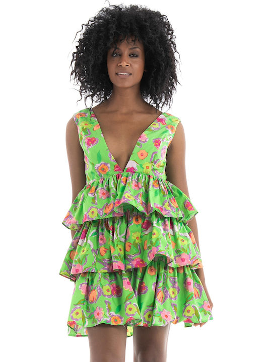 Summer Mini Dress with Ruffles Green