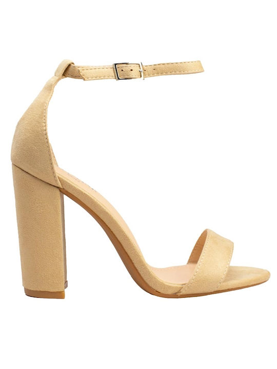 InShoes Suede Women's Sandals with Ankle Strap Beige with Chunky High Heel