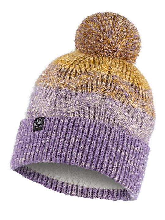 Buff Pom Pom Beanie Unisex Fleece Beanie mit Strickmuster in Flieder Farbe