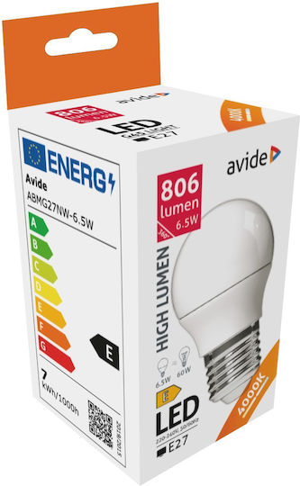 Avide ABMG27NW-6.5W Λάμπα LED 6W 77mm για Ντουί E27 και Σχήμα G45 Φυσικό Λευκό 806lm
