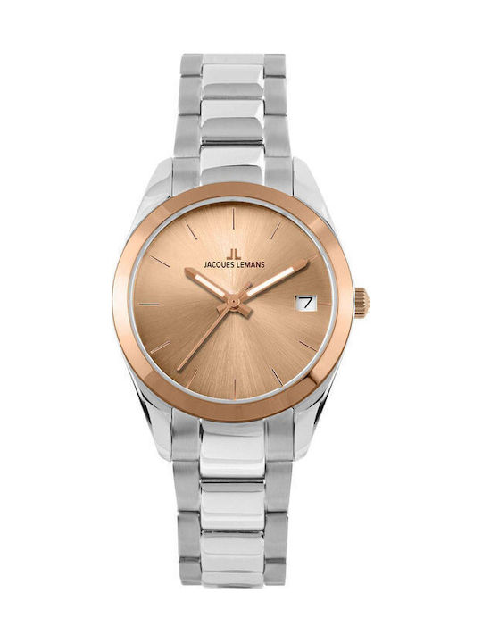 Jacques Lemans Derby Γυναικείο Ρολόι 34mm Μπαταρίας με Ασημί Μεταλλικό Μπρασελέ