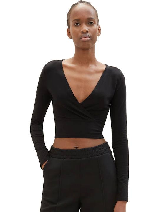Tom Tailor Damen Crop Top Langarm Schwarz