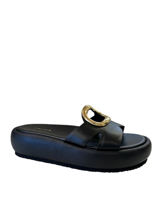 I2 Leather Women's Flat Sandals Flatforms in Black Color