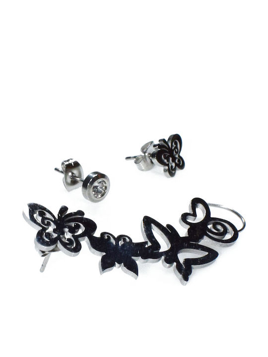 Bizoutaki Σετ Σκουλαρίκια Ear Climbers από Ατσάλι με Πέτρες