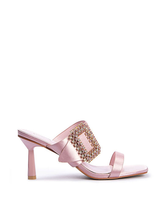 Keep Fred Fabric Women's Sandals with Strass Pink with Thin High Heel HIL-408-PINK