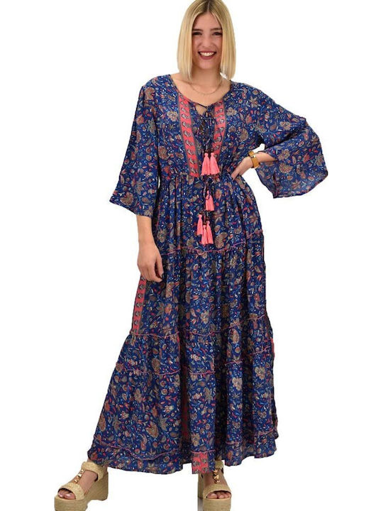 Summer Maxi Dress with Ruffles Navy Blue
