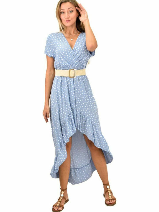 Potre Καλοκαιρινό Midi Φόρεμα Κρουαζέ με Βολάν Γαλάζιο