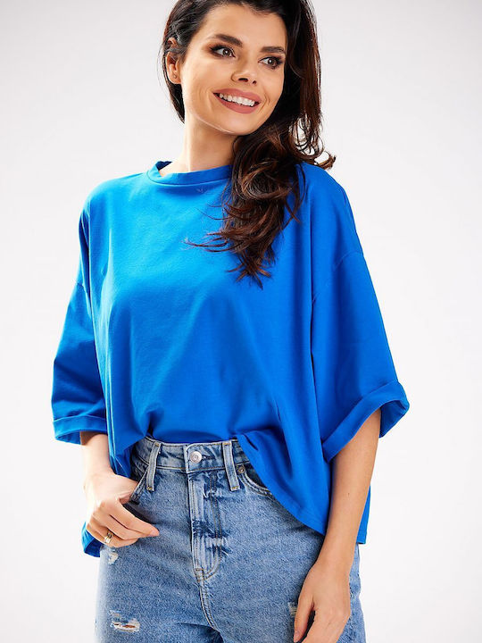 Infinite You Women's Summer Blouse Cotton with 3/4 Sleeve Blue