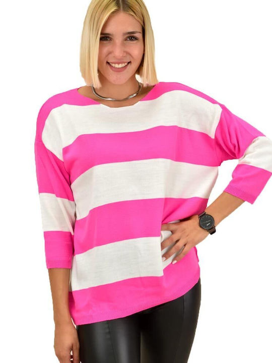 Potre Women's Long Sleeve Sweater with V Neckline Striped Fuchsia