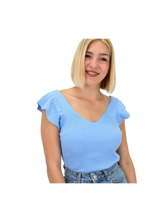 Potre Damen Sommerliche Bluse Kurzärmelig mit V-Ausschnitt Blau