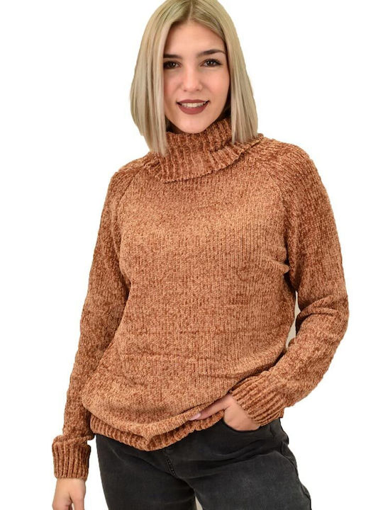 Potre Women's Long Sleeve Sweater Turtleneck Brown