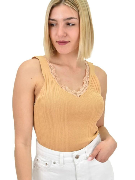 Potre Damen Sommer Bluse Ärmellos mit V-Ausschnitt Beige