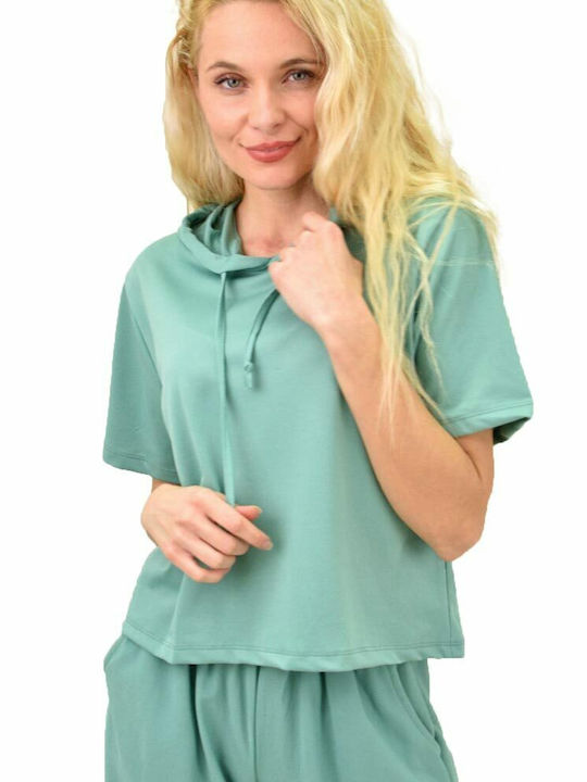 Potre Women's Summer Blouse Short Sleeve with Hood Turquoise
