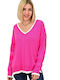 Potre Damen Langarm Pullover mit V-Ausschnitt Fuchsie