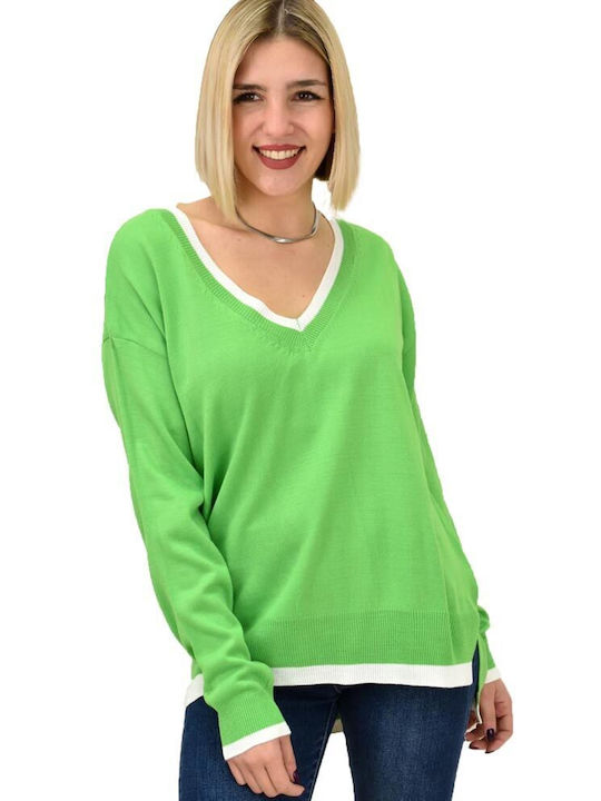 Potre Damen Langarm Pullover mit V-Ausschnitt Grün