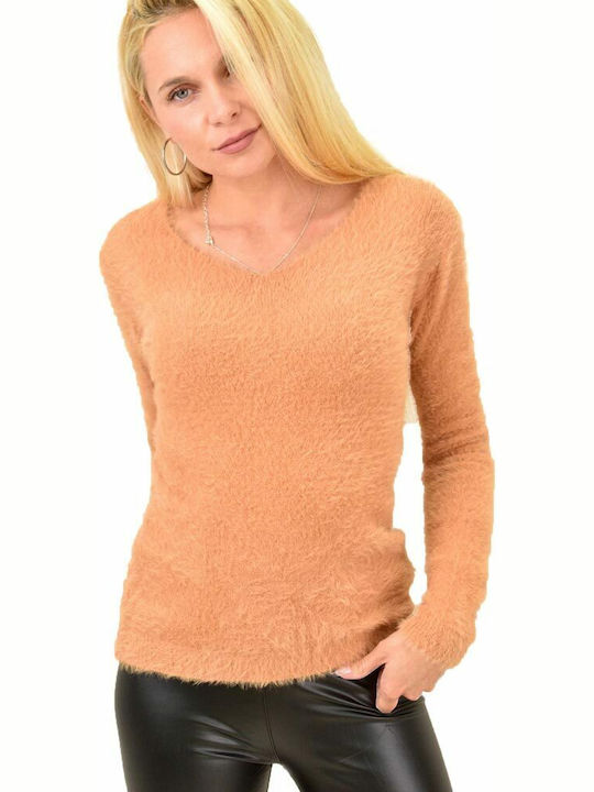 Potre Damen Langarm Pullover Baumwolle mit V-Ausschnitt Gelb