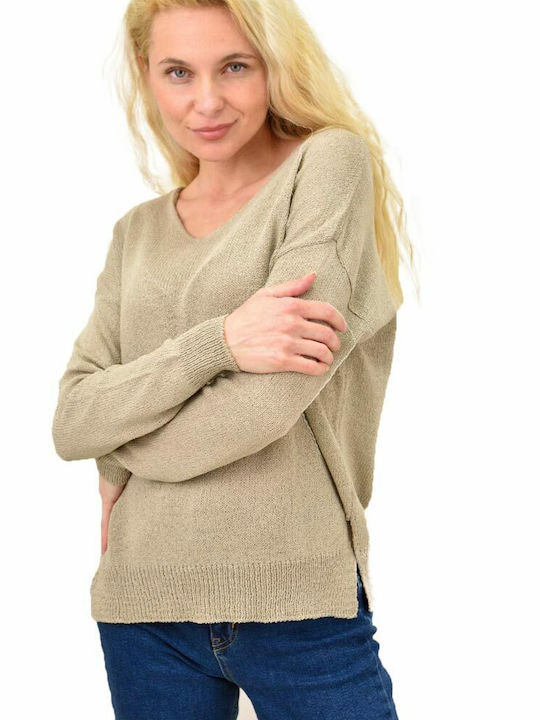 Potre Women's Blouse Cotton Long Sleeve with V Neckline Beige