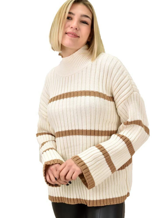 Potre Women's Long Sleeve Pullover Turtleneck Striped Beige