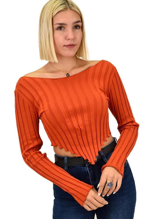 Potre Women's Crop Top Long Sleeve with Boat Neckline Orange