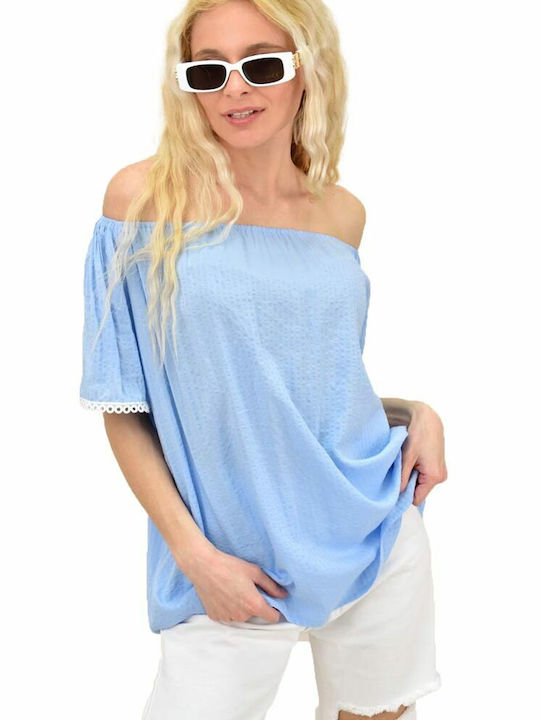 Potre Women's Summer Blouse Cotton Off-Shoulder with 3/4 Sleeve Light Blue