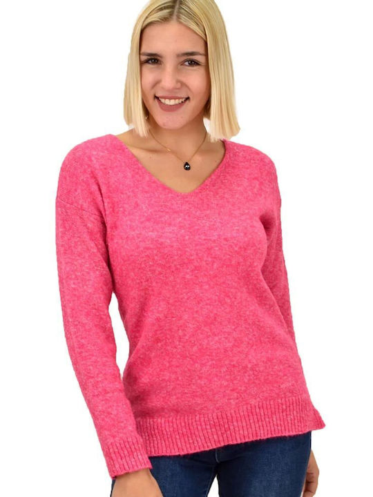 Potre Damen Langarm Pullover Baumwolle mit V-Ausschnitt Fuchsie