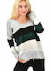 Potre Women's Long Sleeve Sweater Woolen with V Neckline Striped White