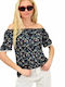 Potre Women's Summer Blouse Cotton Off-Shoulder Short Sleeve Floral Black