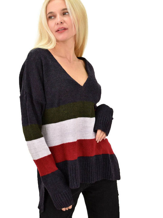 Potre Damen Langarm Pullover Wolle mit V-Ausschnitt Gestreift Mehrfarbig