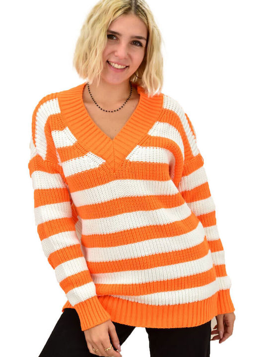 Potre Damen Langarm Pullover Wolle mit V-Ausschnitt Gestreift Orange