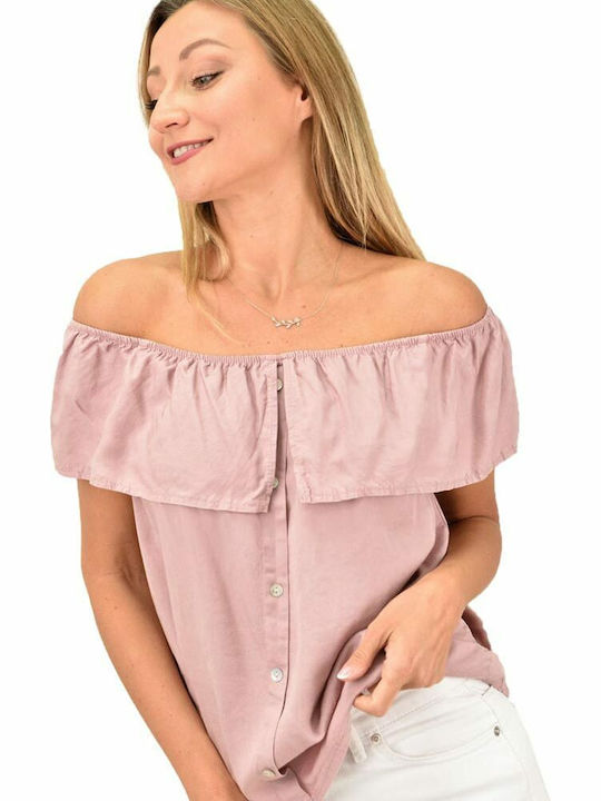 Potre Women's Summer Blouse Off-Shoulder Short Sleeve Pink