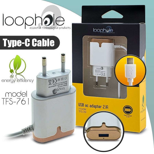 Loophole Charger with Built-in Cable with USB-A Port USB-C 10W Whites (0719.053)