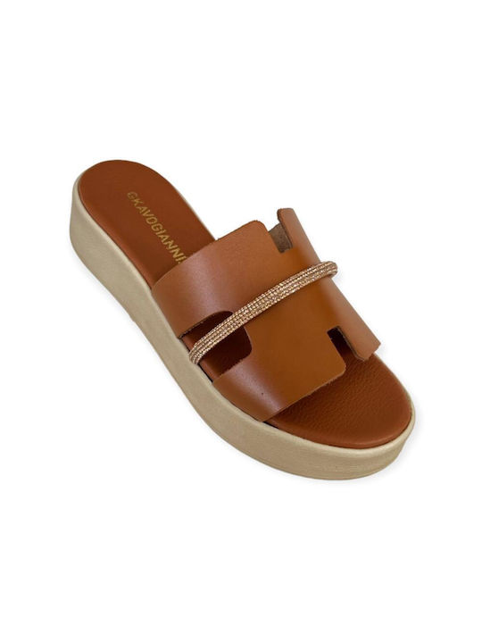 Gkavogiannis Sandals Leder Damen Flache Sandalen Flatforms in Tabac Braun Farbe